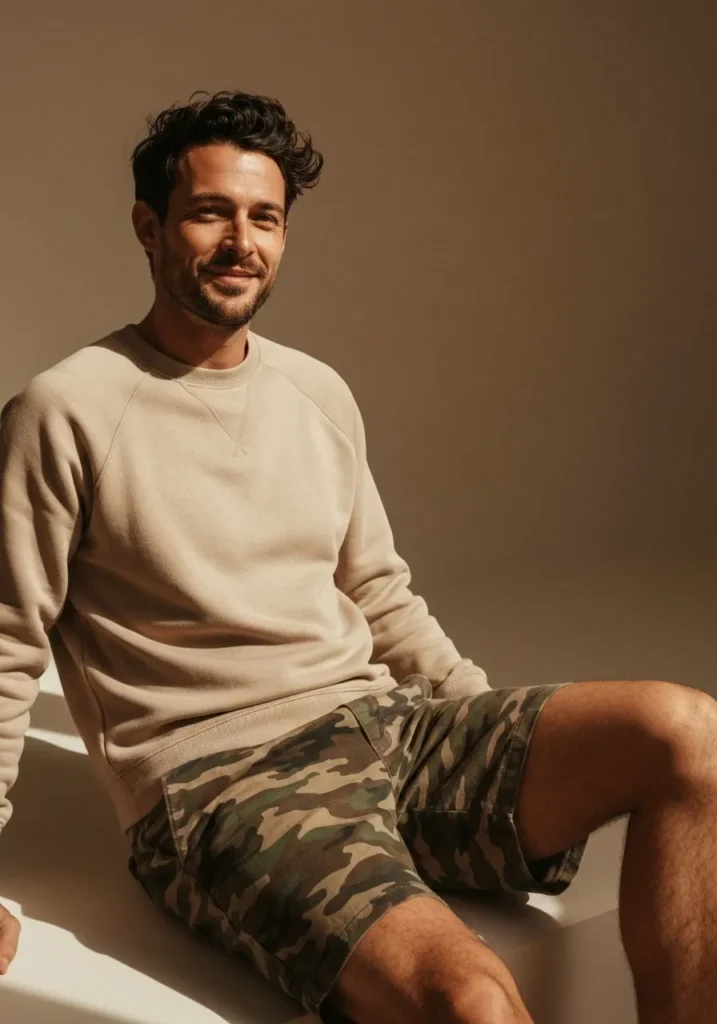 22 Stylish Camo Shorts Outfits for Men 14 Beige Sweatshirt + Camo Shorts