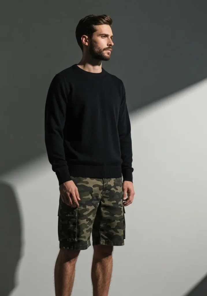 Black Crewneck Sweater With Camo Cargo Shorts