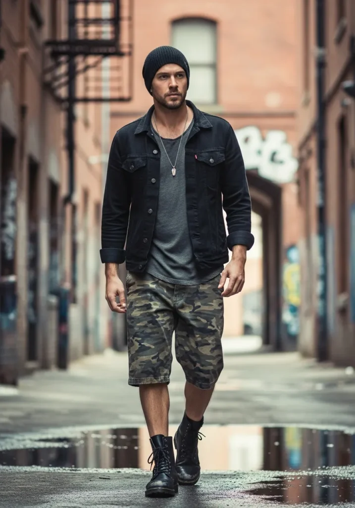 22 Stylish Camo Shorts Outfits for Men 21 Black Denim Jacket + Camo Shorts