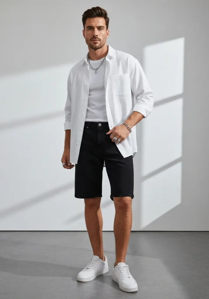 20 Denim Shorts Outfits for Trendy Men 6 Black Denim Shorts With White Oversized Shirt