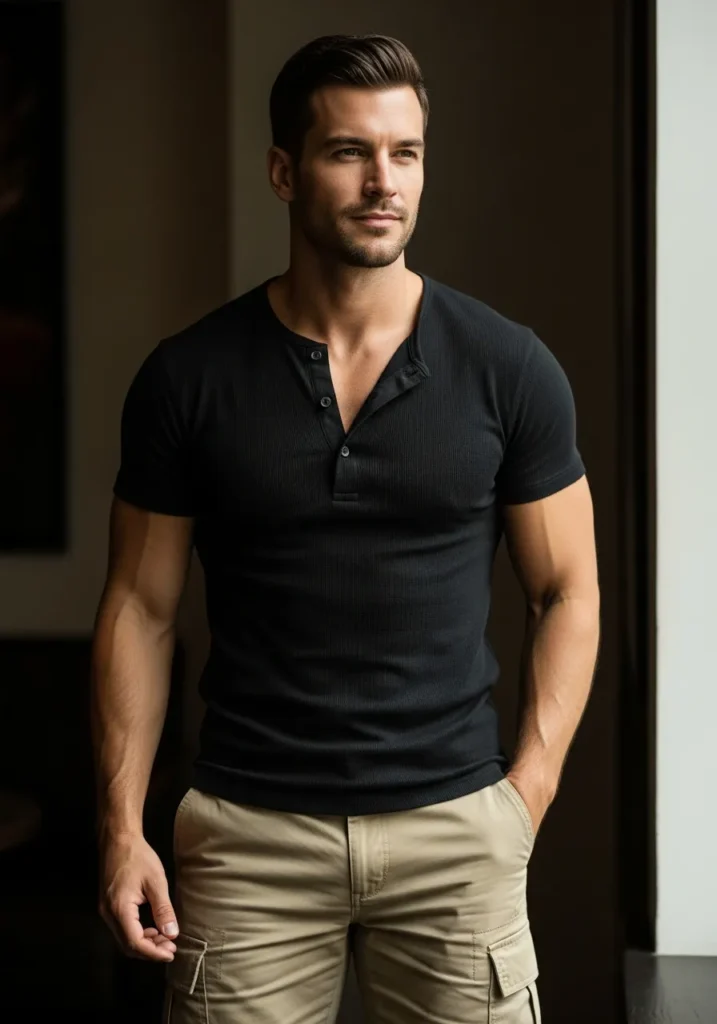 Black Henley With Khaki Cargo Shorts