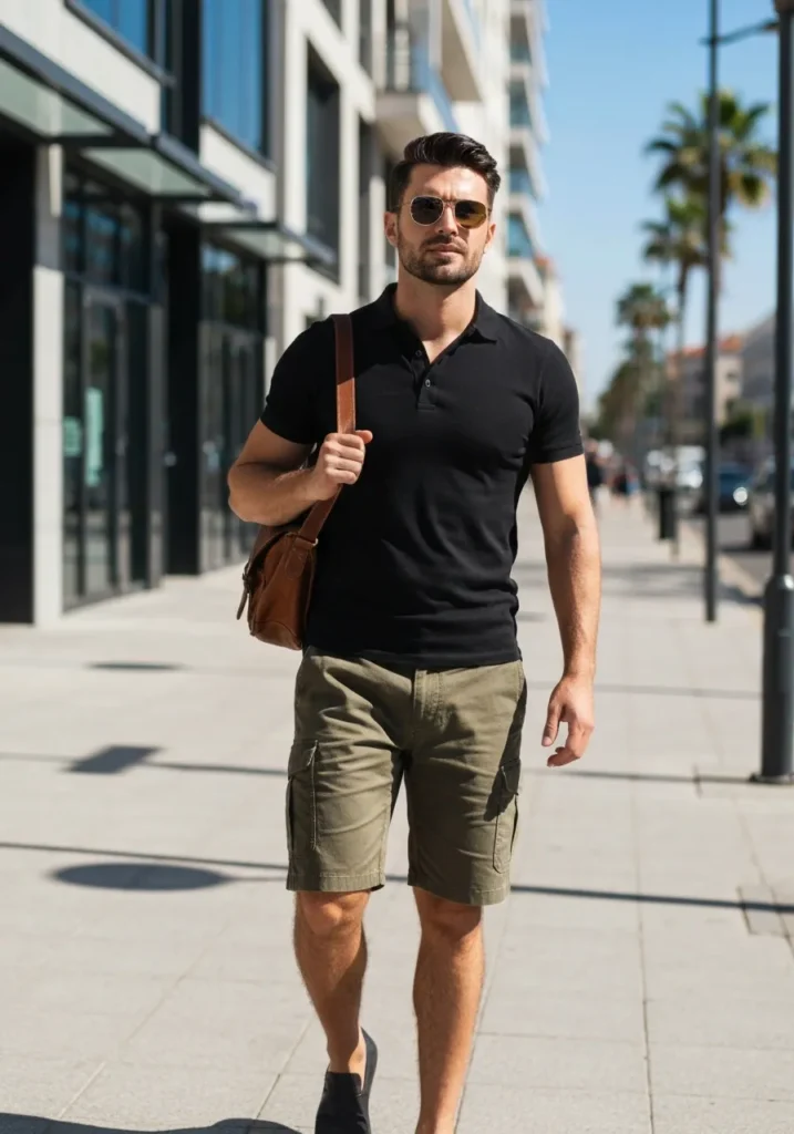 Black Polo Shirt With Olive Cargo Shorts