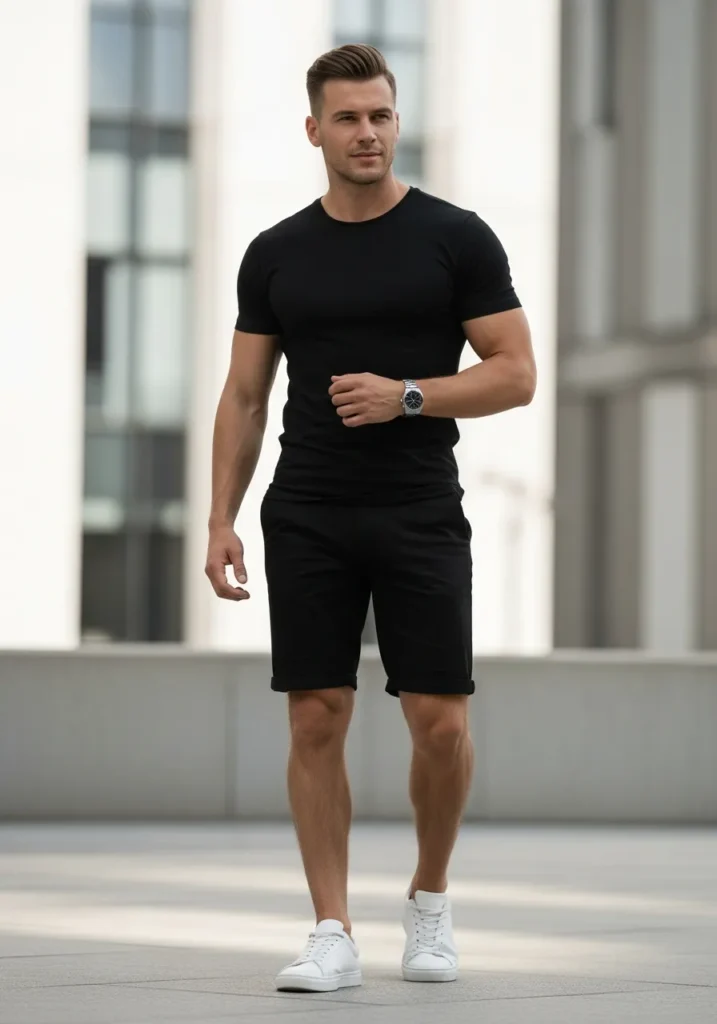 Black Shorts With a Fitted Black Tee