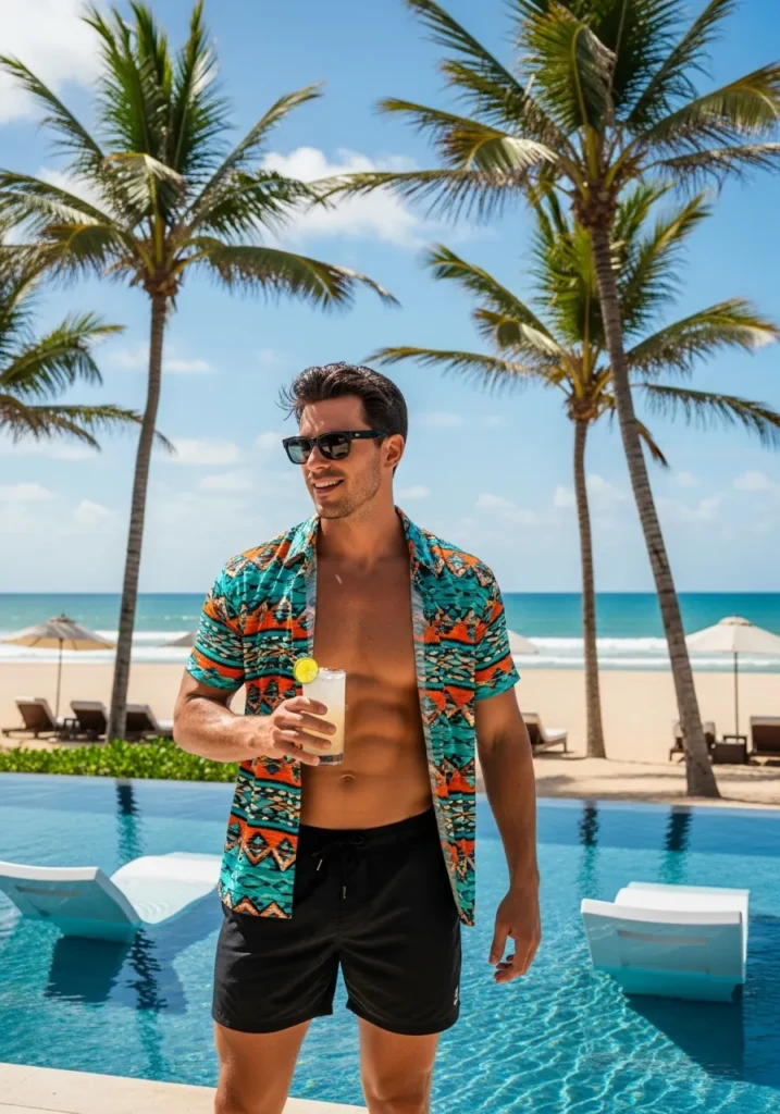 Black Shorts With a Printed Resort Shirt