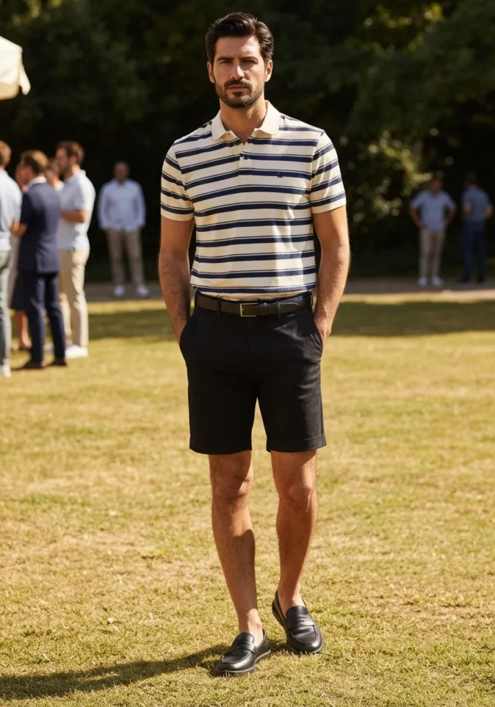 Black Shorts With a Striped Polo.934Z