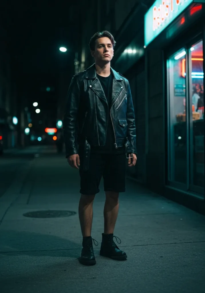 Black Shorts with Leather Jacket
