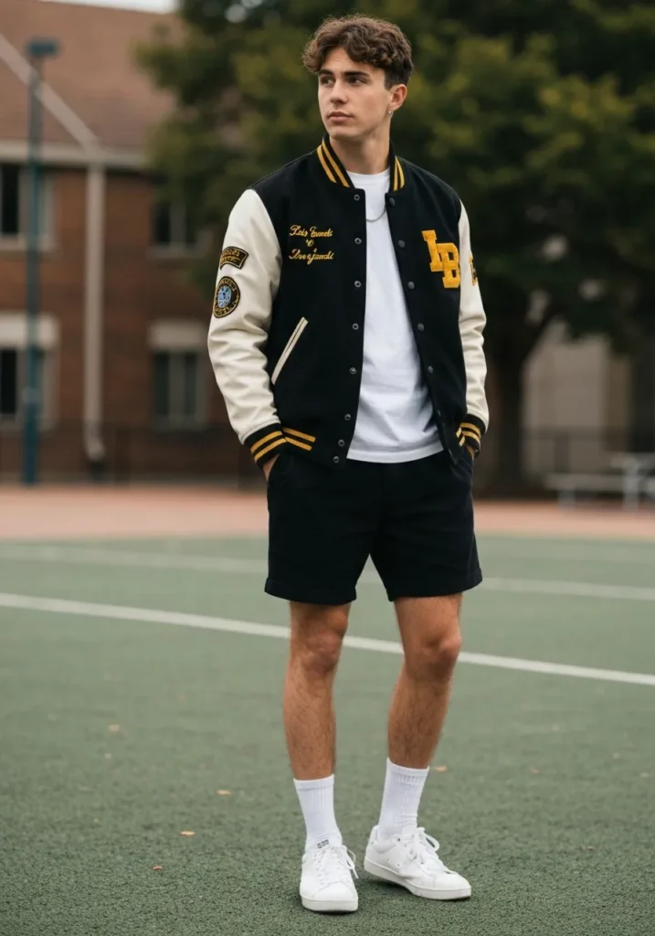 Black Shorts with Varsity Jacket