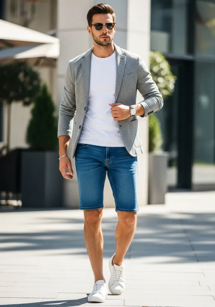 20 Denim Shorts Outfits for Trendy Men 20 Blue Denim Shorts With Casual Blazer