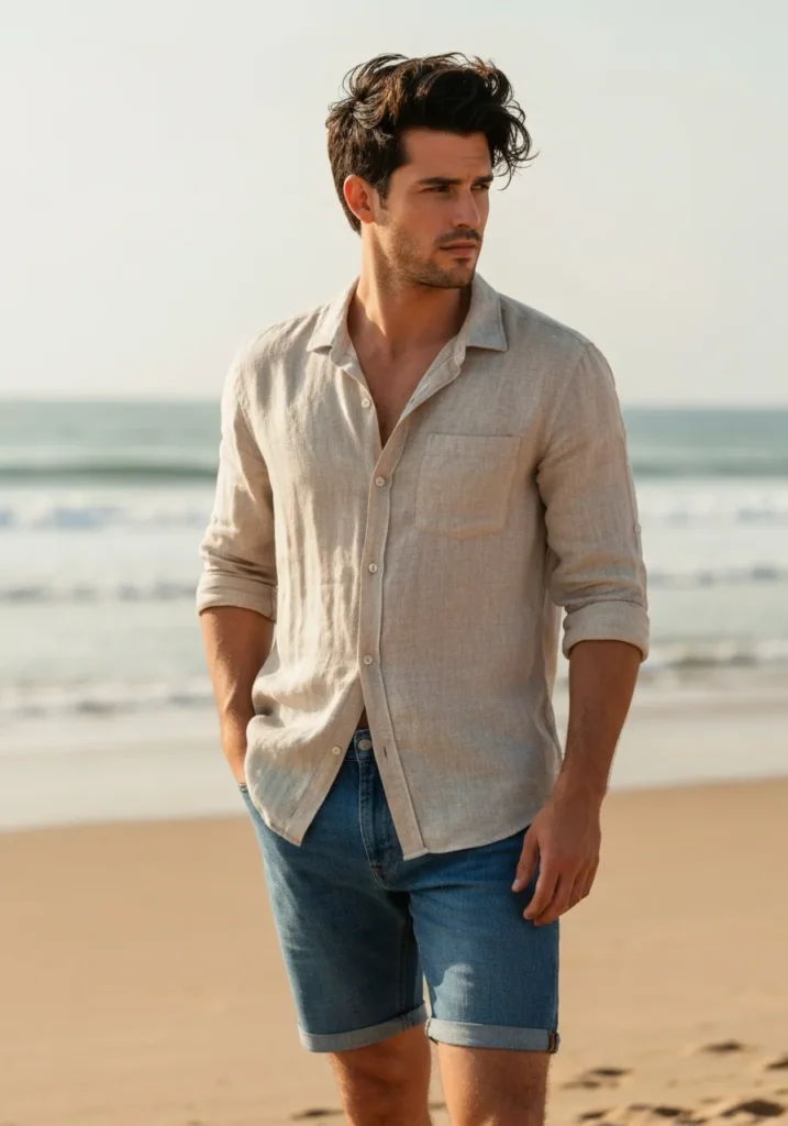 20 Denim Shorts Outfits for Trendy Men 11 Blue Denim Shorts With Linen Shirt