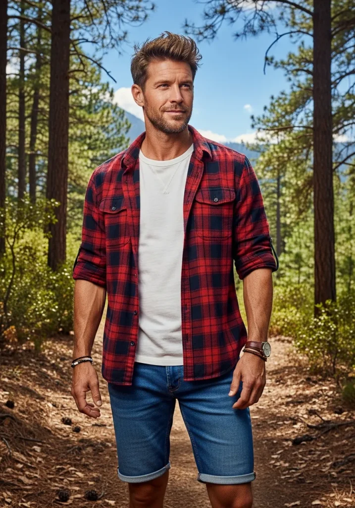 20 Denim Shorts Outfits for Trendy Men 18 Blue Denim Shorts With Plaid Shirt