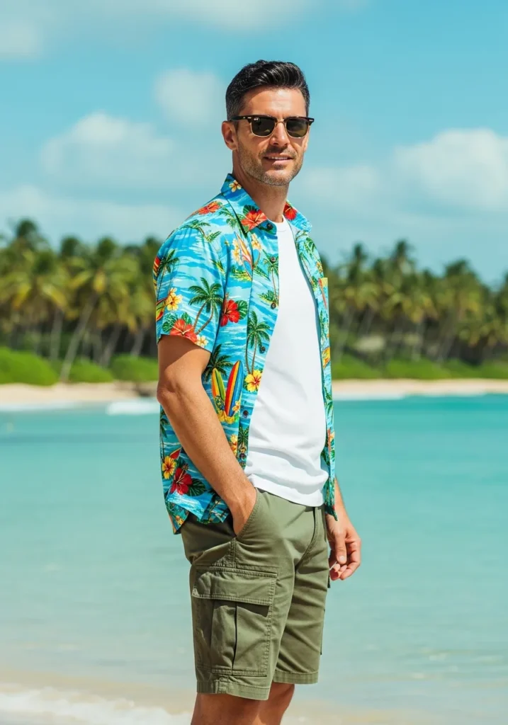 Button-Down Printed Shirt With Cargo Shorts
