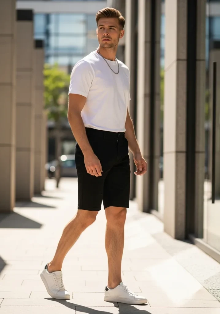 Casual Black Shorts with White Tee.944Z