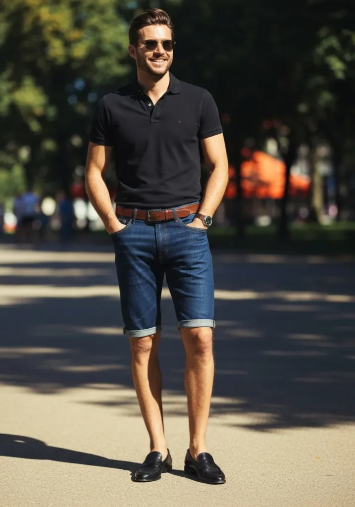 20 Denim Shorts Outfits for Trendy Men 4 Dark Denim Shorts With Black Polo