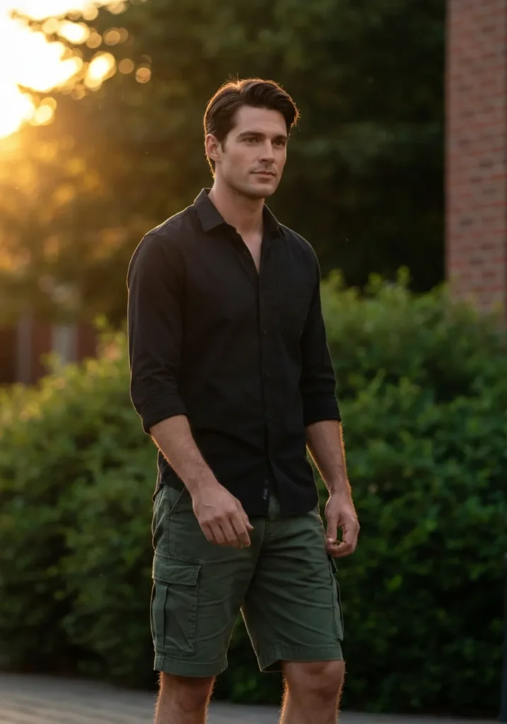 Dark Green Cargo Shorts With Black Button-Up Shirt