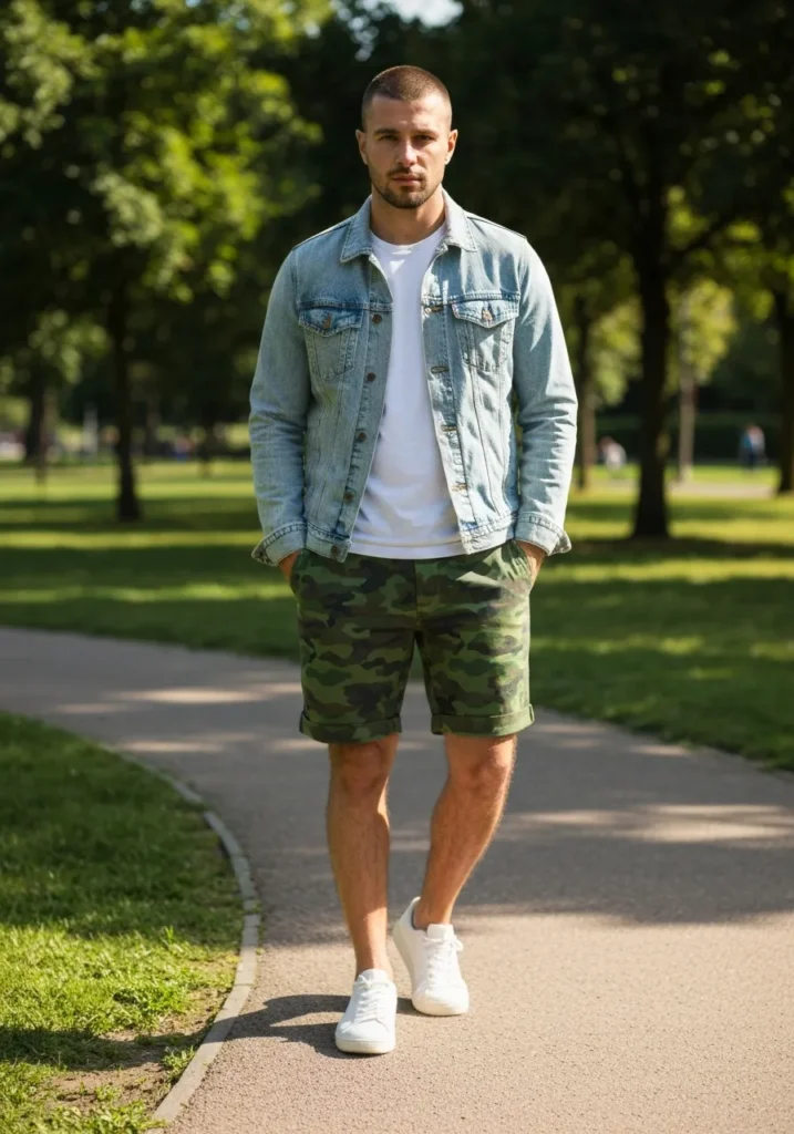 22 Stylish Camo Shorts Outfits for Men 6 Denim Jacket + Camo Shorts