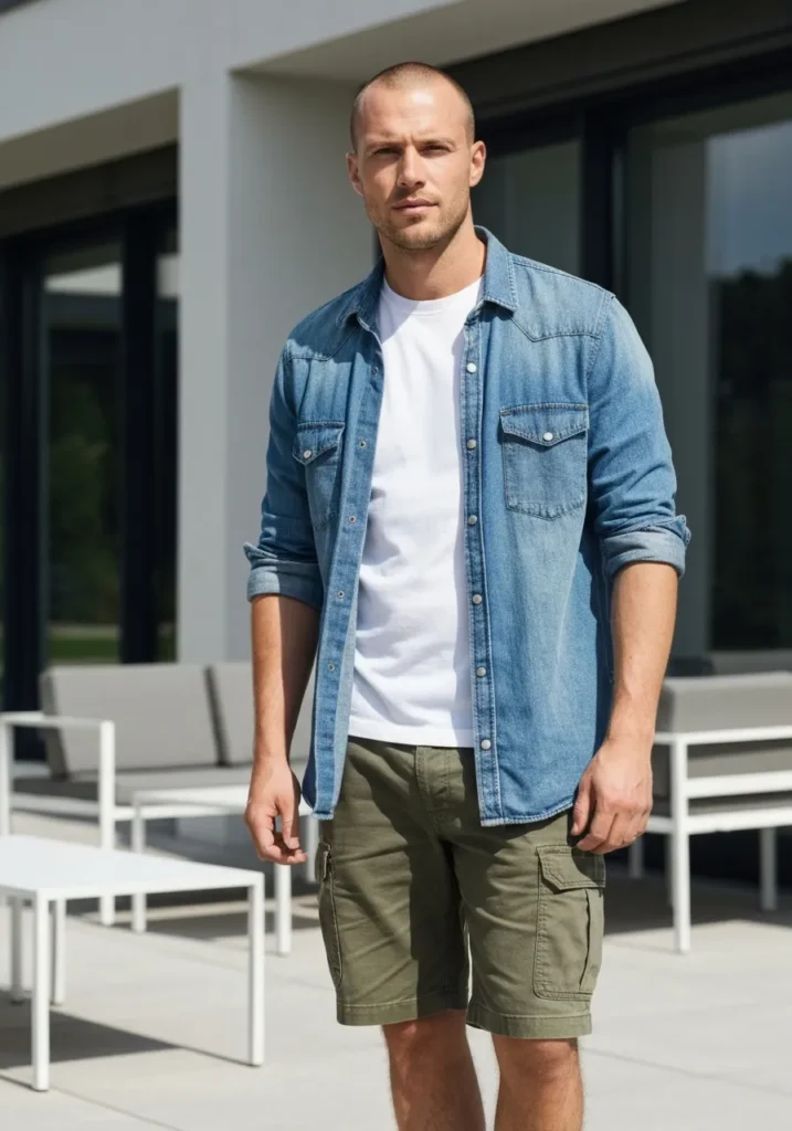 Denim Shirt With Olive Cargo Shorts.104Z