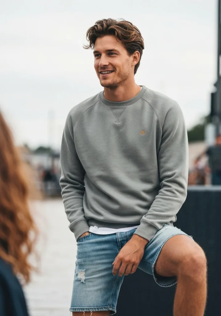 20 Denim Shorts Outfits for Trendy Men 14 Faded Denim Shorts With Crewneck Sweatshirt