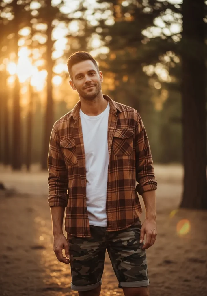 22 Stylish Camo Shorts Outfits for Men 18 Flannel Shirt + Camo Shorts
