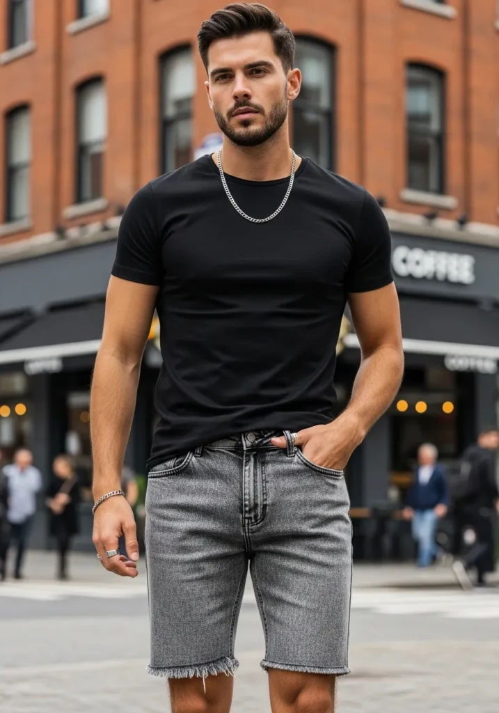 20 Denim Shorts Outfits for Trendy Men 19 Grey Acid-Wash Denim Shorts With Black Tee