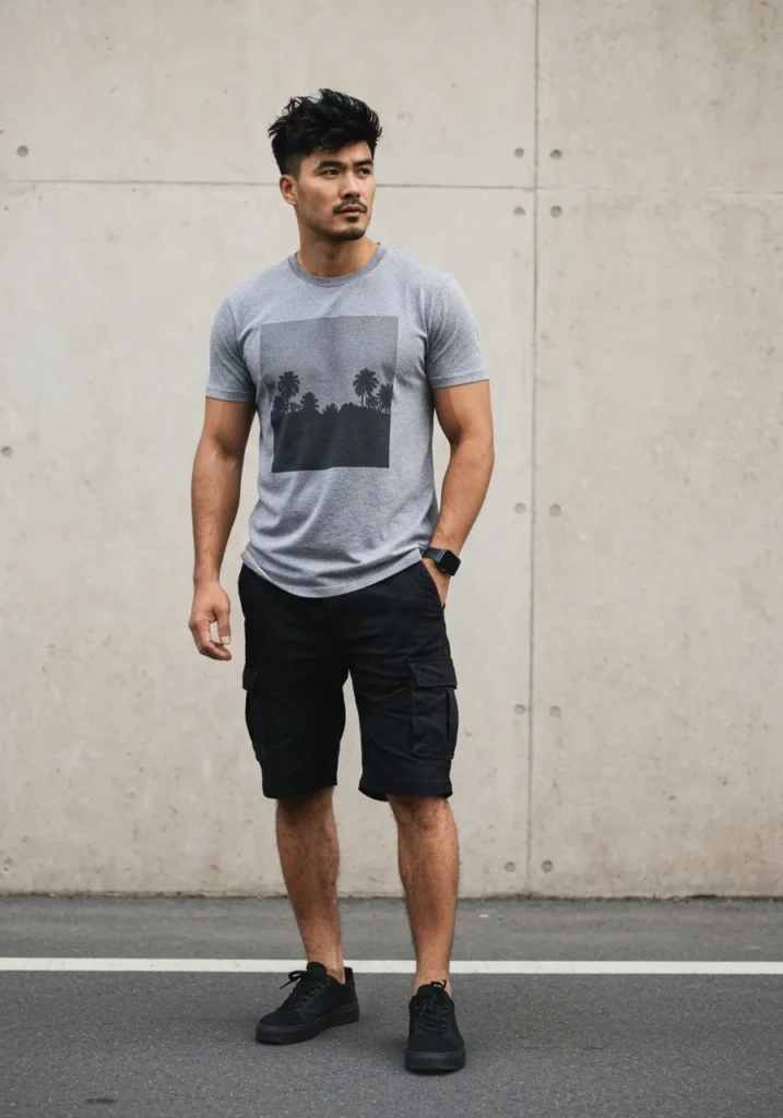 Grey Graphic Tee With Black Cargo Shorts