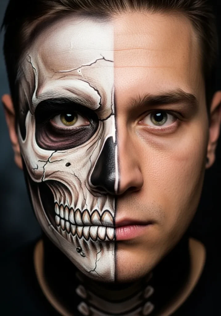 21 Spooky Halloween Makeup Ideas for Men 6 Half Skull Makeup