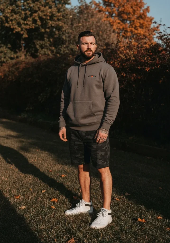 22 Stylish Camo Shorts Outfits for Men 5 Hoodie + Dark Camo Shorts