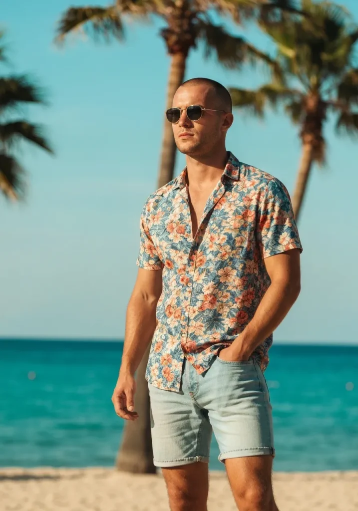 20 Denim Shorts Outfits for Trendy Men 5 Light Denim Shorts With Printed Shirt