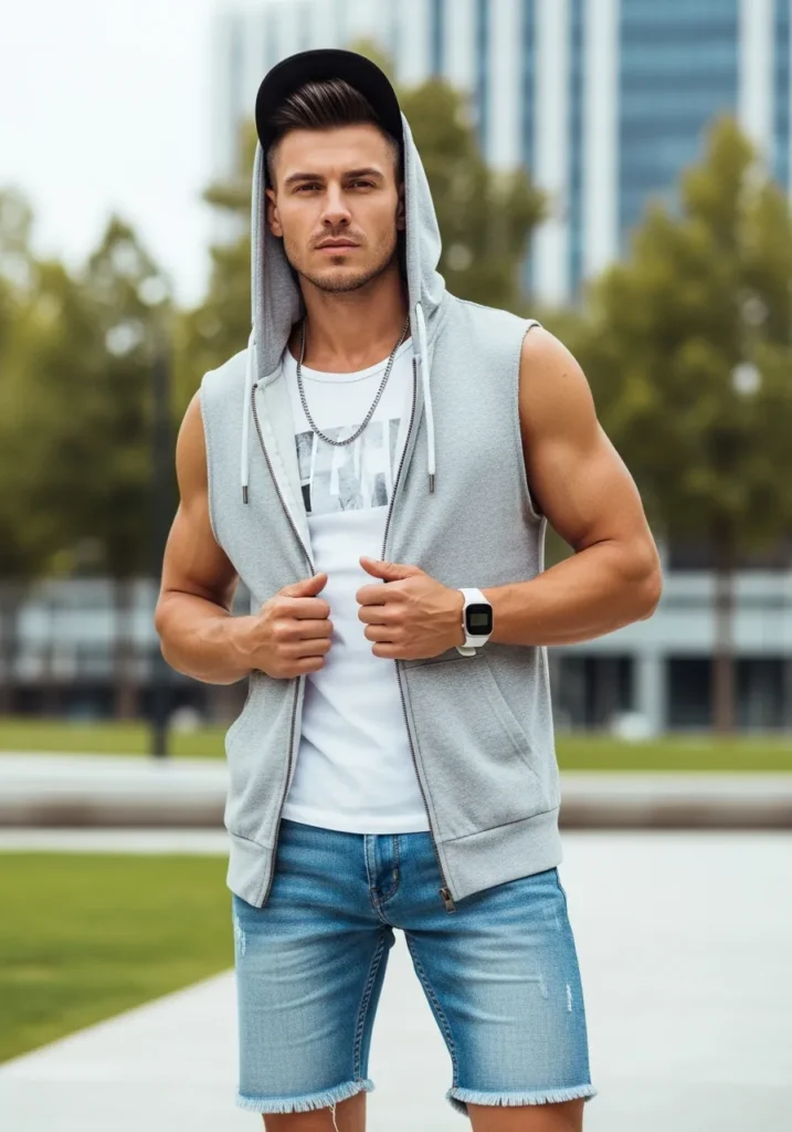 20 Denim Shorts Outfits for Trendy Men 16 Light Denim Shorts With Sleeveless Hoodie