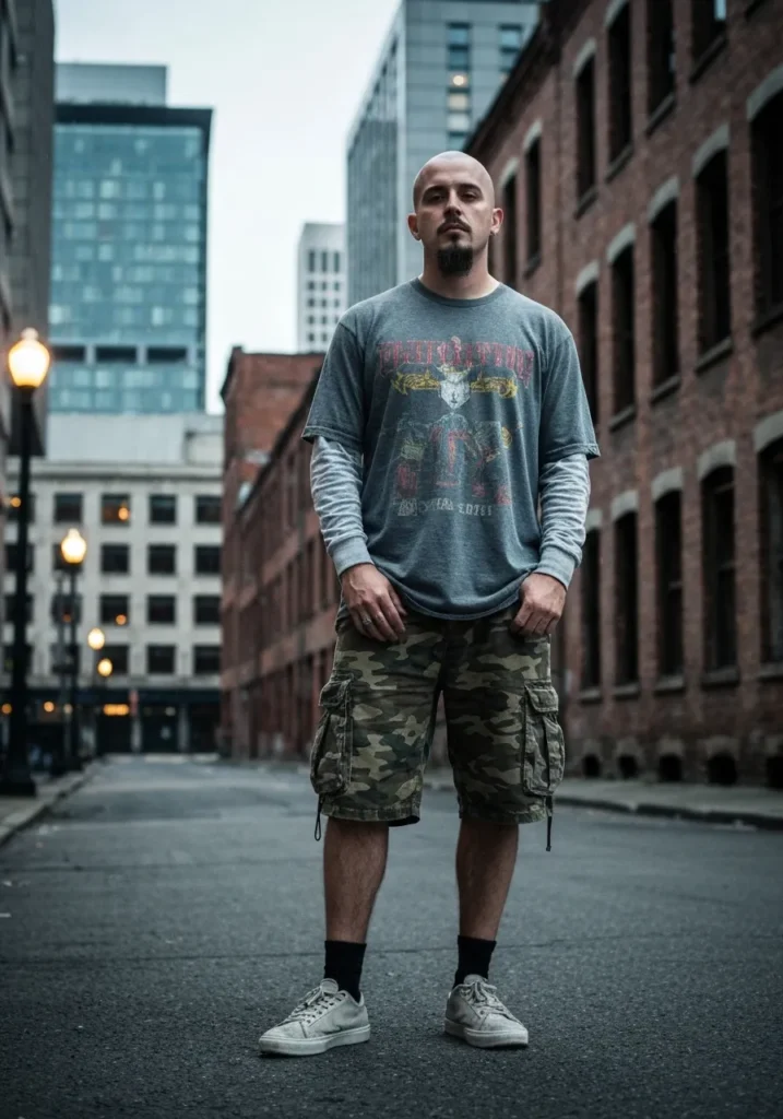 22 Stylish Camo Shorts Outfits for Men 11 Longline Tee + Camo Shorts