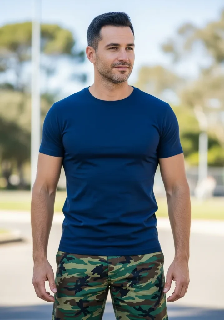 22 Stylish Camo Shorts Outfits for Men 19 Navy Blue Tee + Camo Shorts