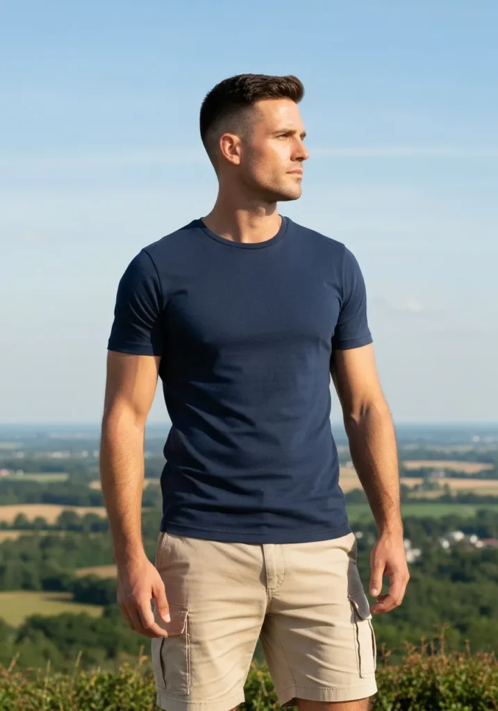 Navy Blue Tee With Beige Cargo Shorts