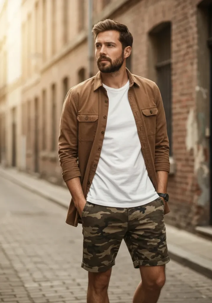 22 Stylish Camo Shorts Outfits for Men 8 Overshirt + Camo Shorts