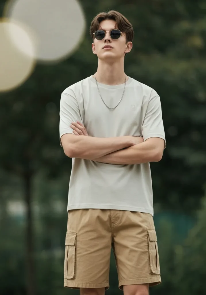 Pastel Tee With Tan Cargo Shorts