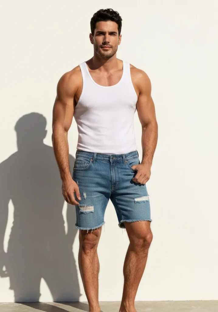 20 Denim Shorts Outfits for Trendy Men 7 Raw Hem Denim Shorts With Tank Top.676Z