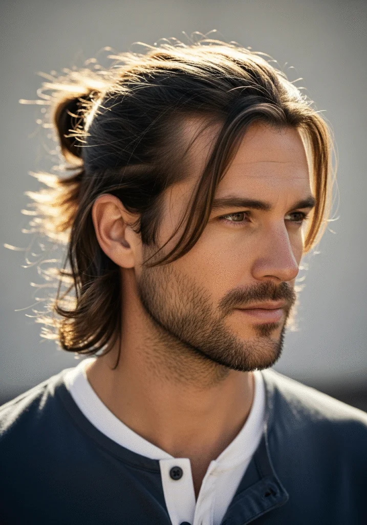 Shoulder Length Man Bun for a Balanced Look.513Z