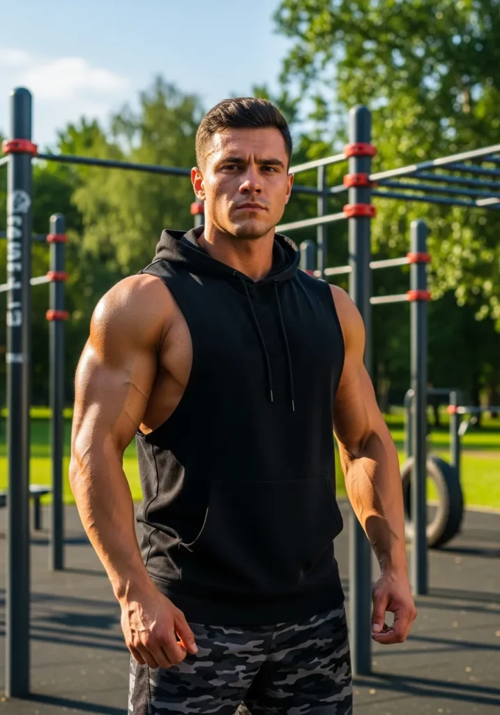 22 Stylish Camo Shorts Outfits for Men 17 Sleeveless Hoodie + Camo Shorts