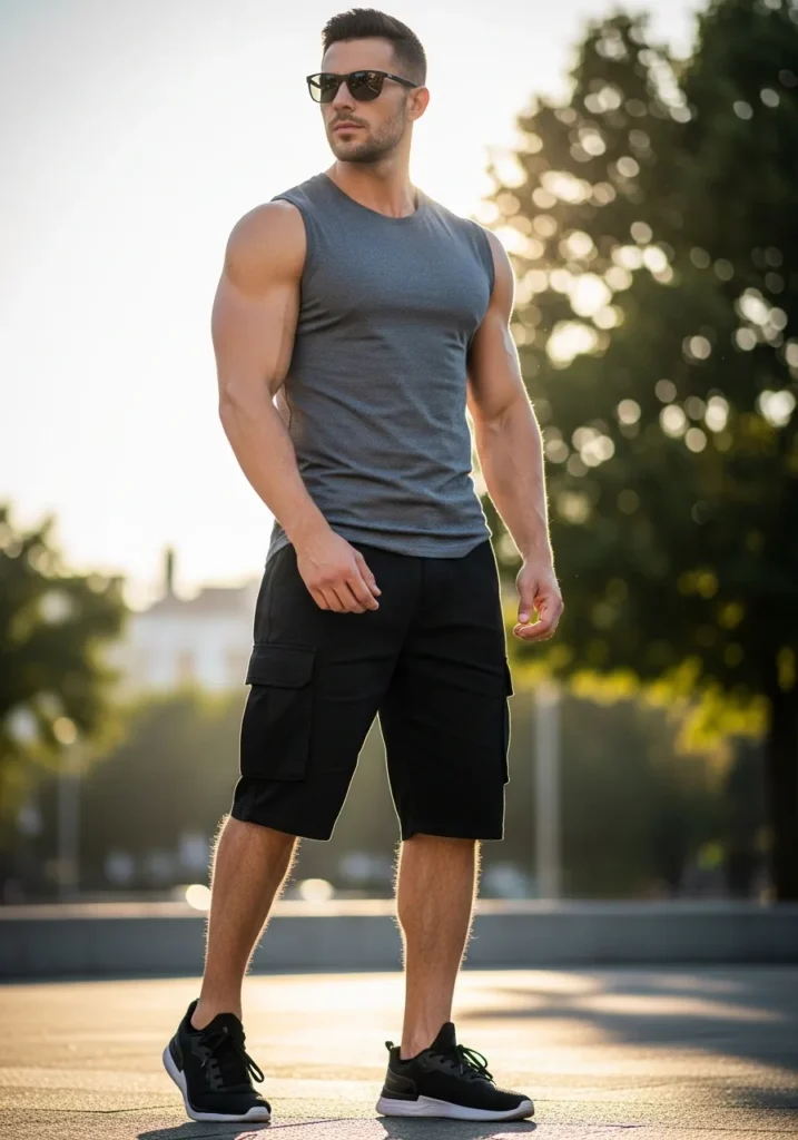 Sleeveless Tee With Black Cargo Shorts
