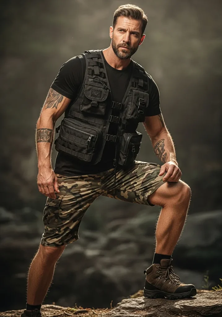 22 Stylish Camo Shorts Outfits for Men 23 Utility Vest + Camo Shorts