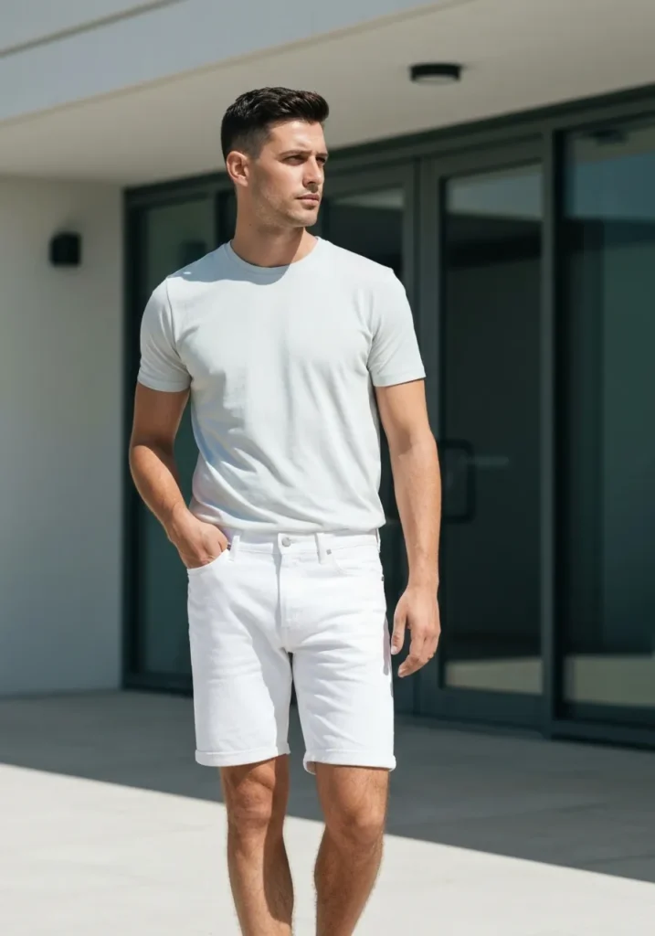 20 Denim Shorts Outfits for Trendy Men 8 White Denim Shorts With Pastel T-Shirt