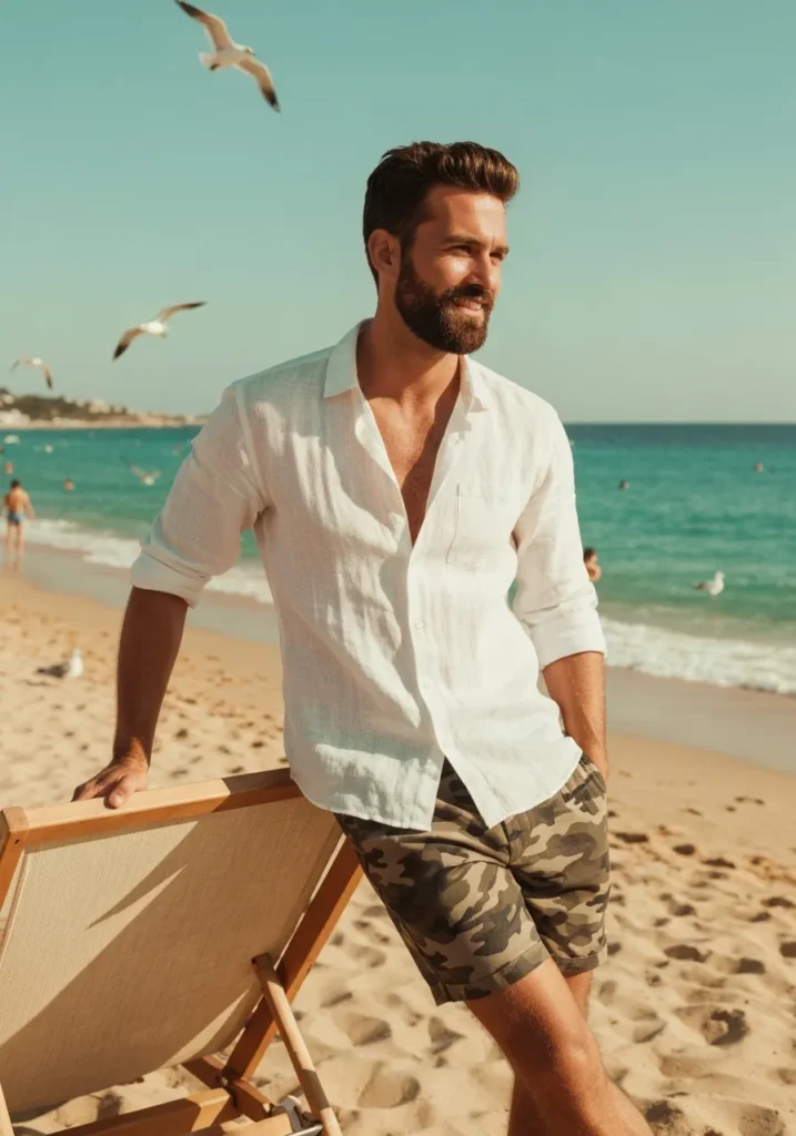 22 Stylish Camo Shorts Outfits for Men 12 White Linen Shirt + Camo Shorts