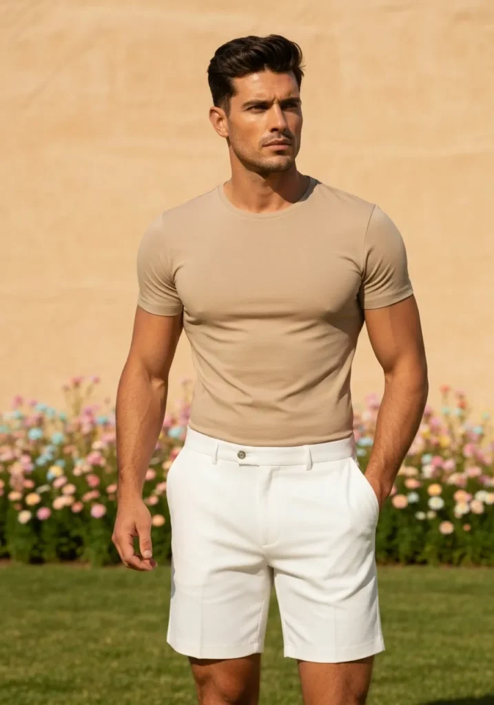 White Shorts With a Beige T-Shirt