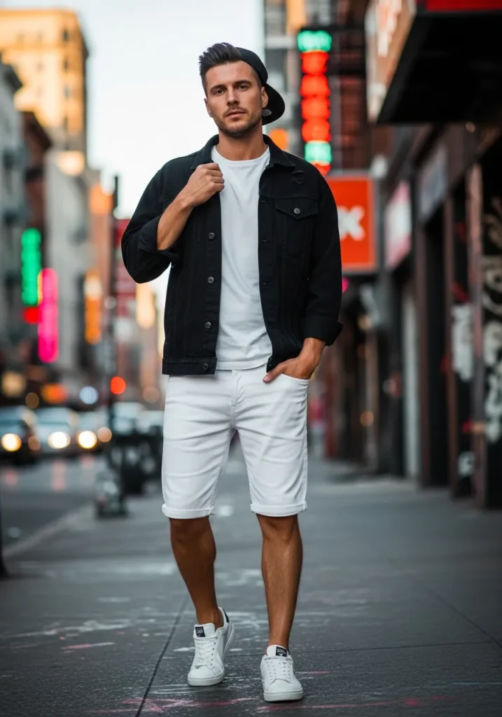 White Shorts With a Black Denim Jacket