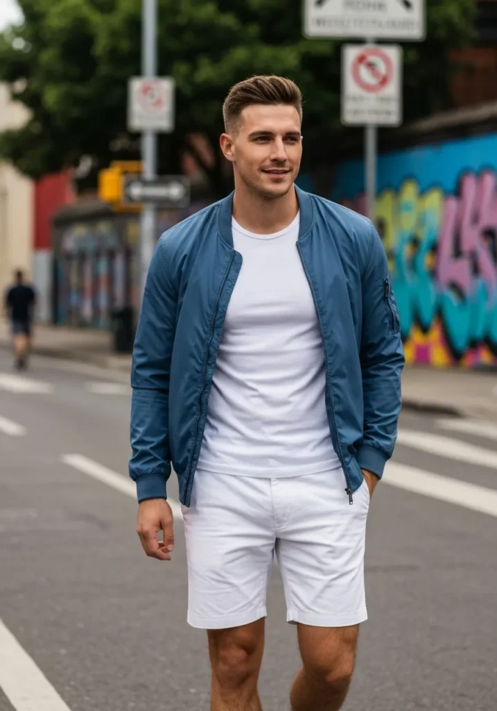 White Shorts With a Bomber Jacket