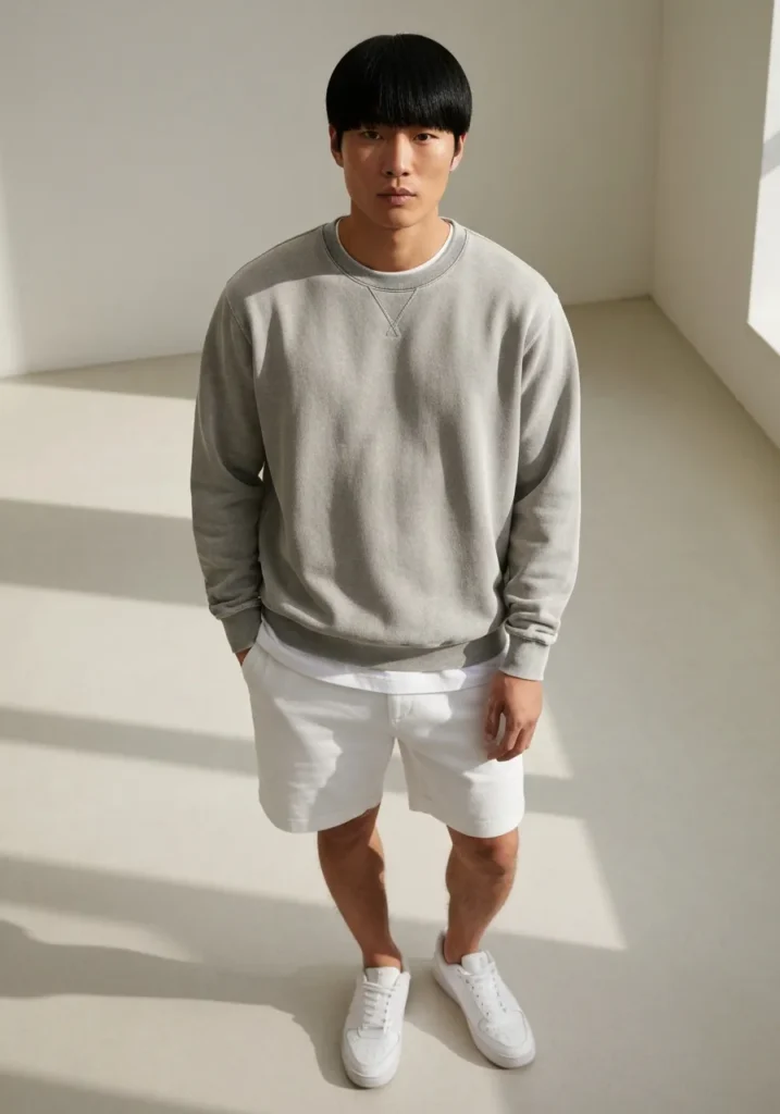 White Shorts With a Crewneck Sweatshirt