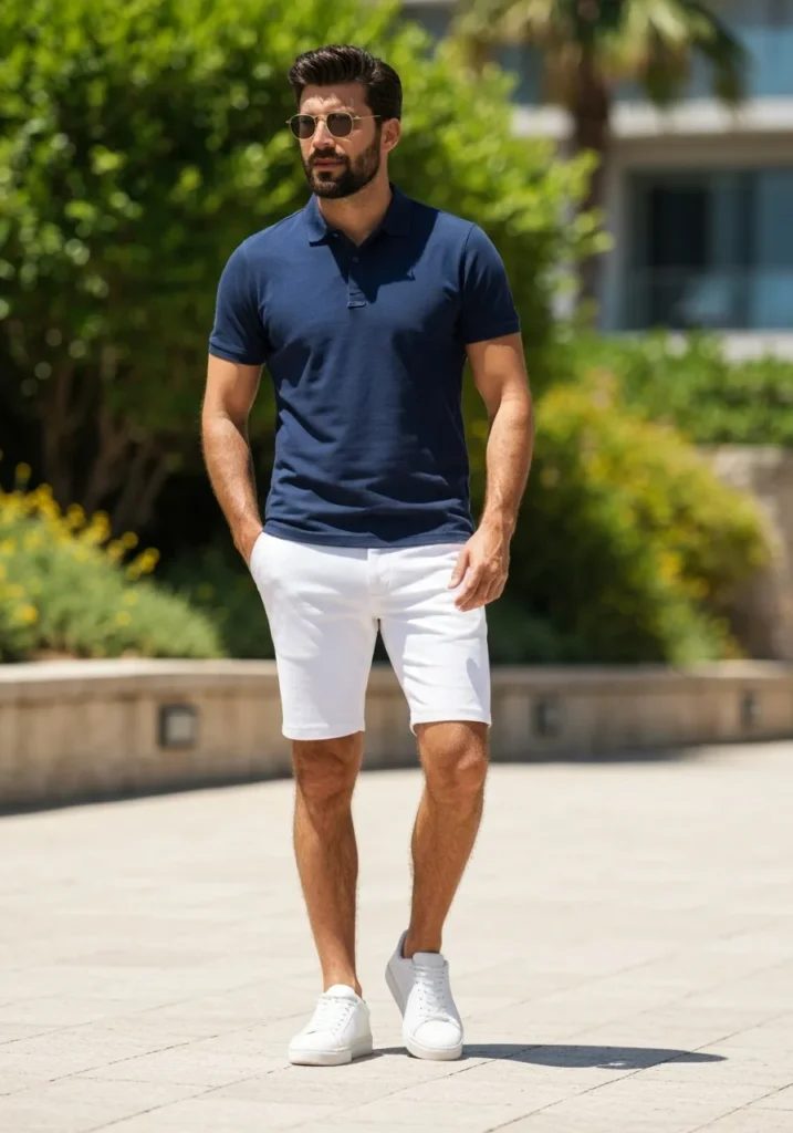 White Shorts With a Navy Polo.741Z