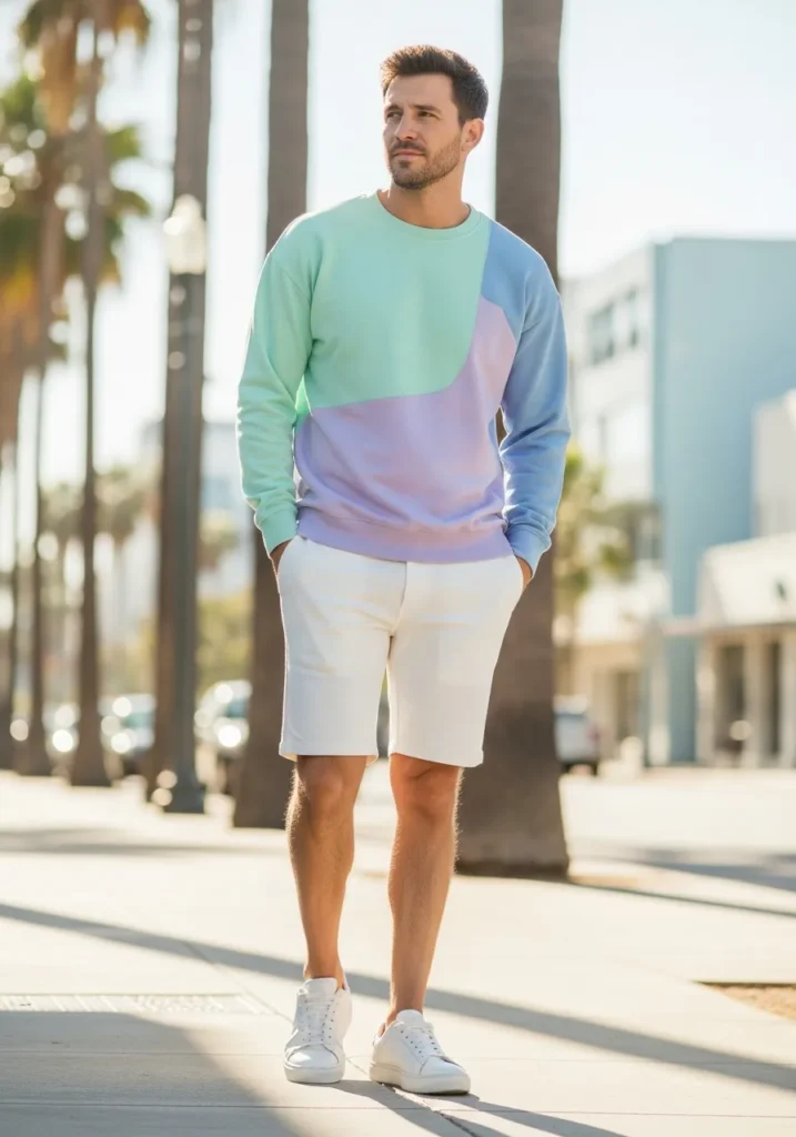 White Shorts With a Pastel Sweatshirt