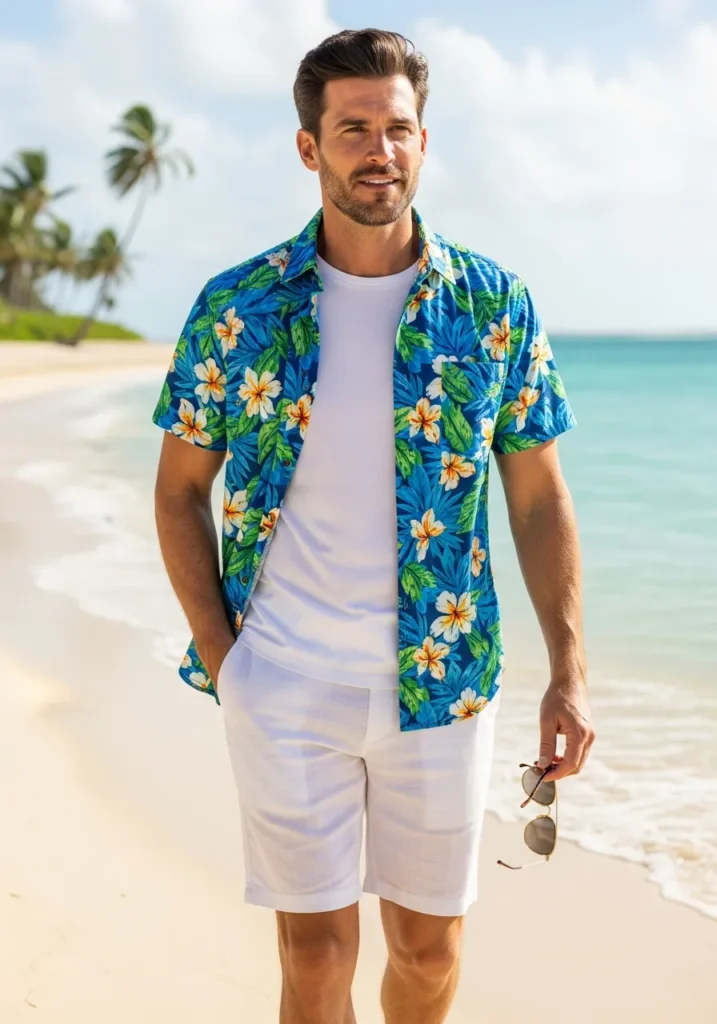 White Shorts With a Printed Cotton Shirt