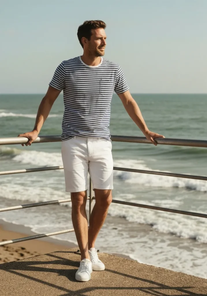 White Shorts With a Striped T-Shirt