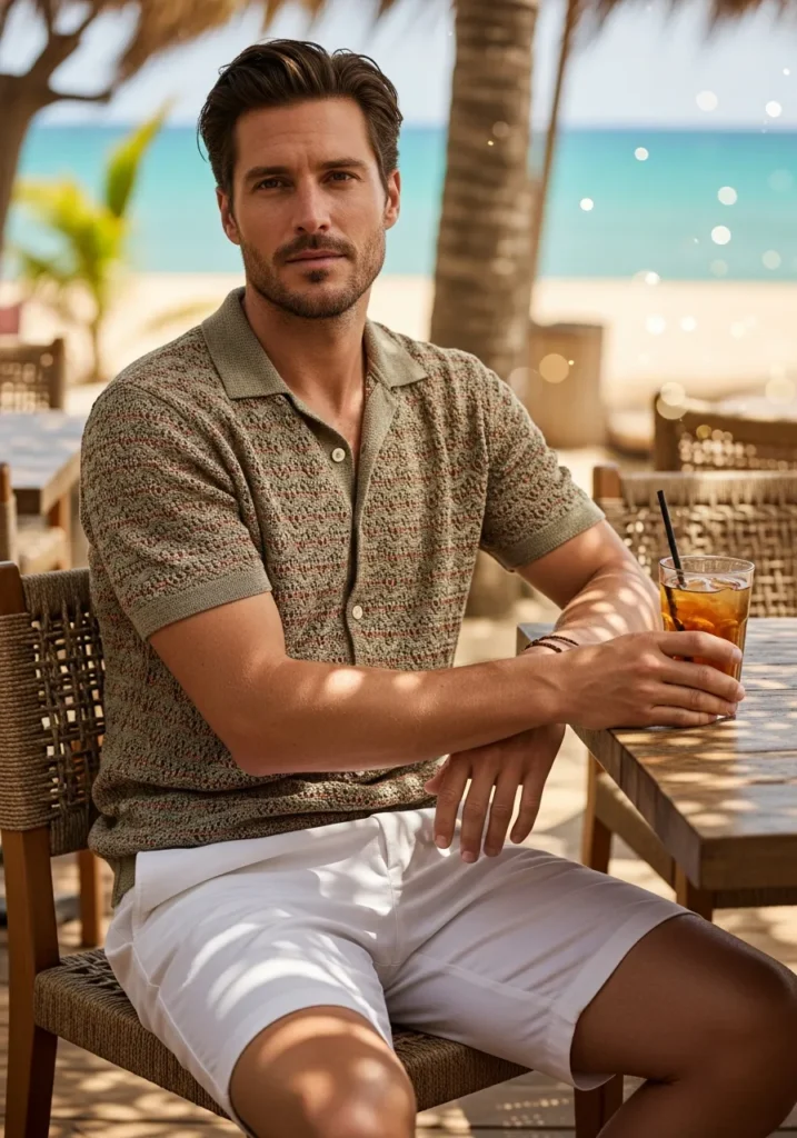 White Shorts With a Textured Knit Shirt