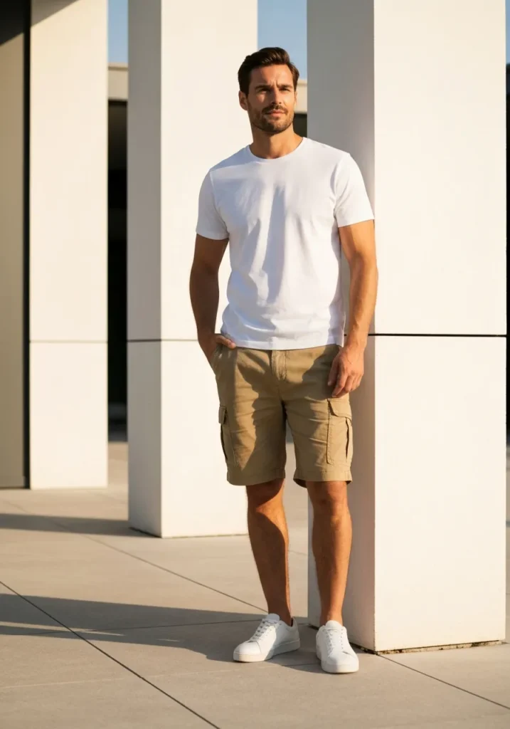 White T-Shirt With Classic Khaki Cargo Shorts